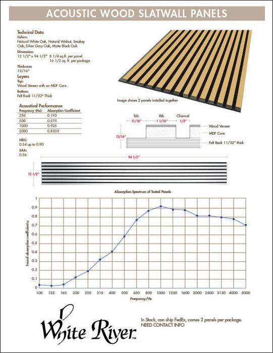 Smokey Oak – Unvarnished Acoustic Panel – 1" Slat Width – 12-1/2" × 94-1/2" – Sold 2 per Carton - Limited Inventory Acoustic Slat Panel White River Hardwoods